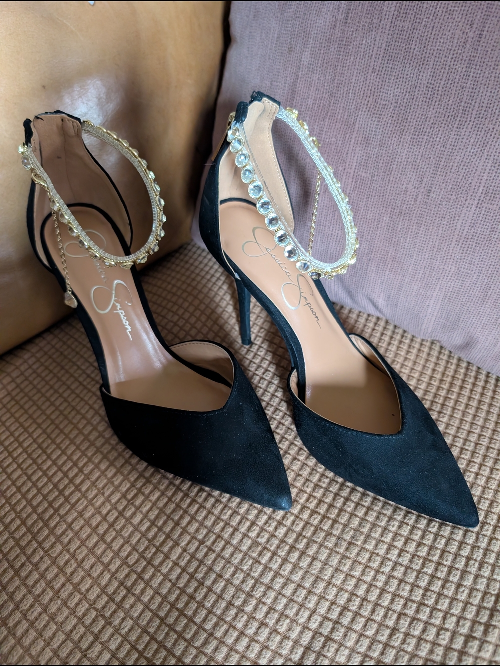 Jessica Simpson Black Suede Pointed-Toe Ankle Bracelet Strap W/ Charm